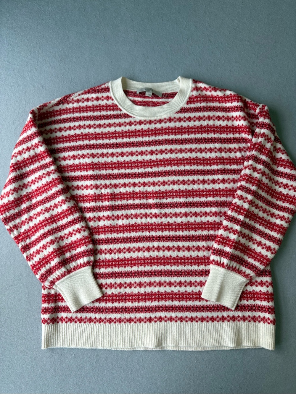 LOFT Fair Isle Red & White Striped Everyday Crewneck Sweater Sz L - Picture 2 of 6